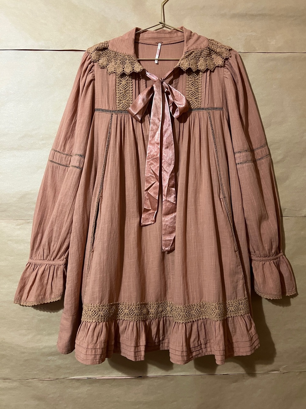 Free People | 5 O'Clock Tea Time Mini Dress Tie Neck Lace Ruffle Babydoll Size S